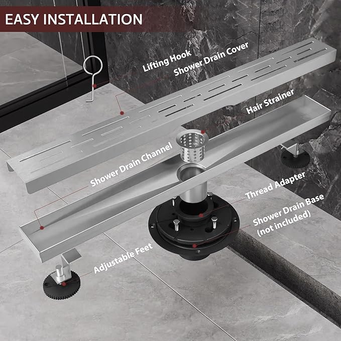 36 Inch Linear Shower Drain, Brushed Nickel Shower Drain, Removable Grate, 304 Stainless Steel, Easy to Install and Clean for Bathrooms (Drain Base Not Included), LSD-01A-36S