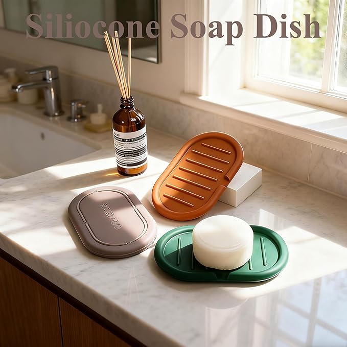 Self-Draining Oval-Shaped Silicone Soap Dish, Soap Holder/Tray/Saver for Shower, Bathroom, Kitchen, Keep Soap Dry, Easy to Clean (2, Dark Color)
