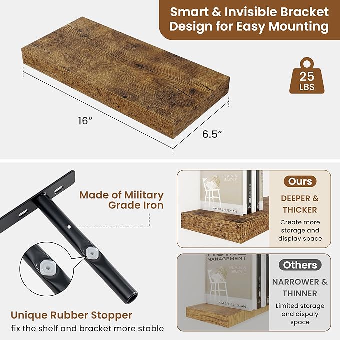 fuqing Floating Shelves for Wall, Wall Mounted Wood Floating Shelf with Invisible Brackets for Living Room, Bathroom, Bedroom, Kitchen Storage and Decor, 16 Inch Set of 2, Rustic Brown