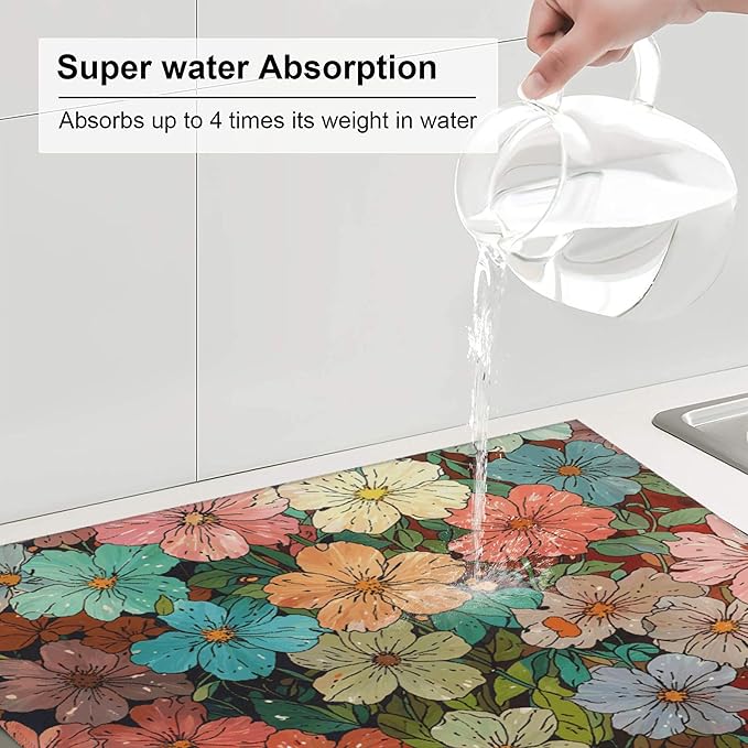 Colorful Wildflowers Dish Drying Mat for Kitchen Counter, 16"x18" Microfiber Absorbent Fast Dry Mat, 2Pcs Dish Mat Faucet Mats Sets, Large Drying Kitchen Mat Kitchen Drying Pad Coffee Bar Decor Gifts