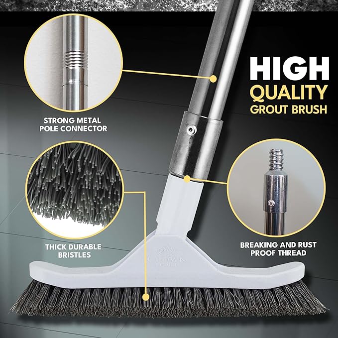 The Crown Choice Grout Brush with Long Handle - Heavy Duty Cleaner & Grout Scrubber Tool - Deep Cleaning Hard Wood, Tile, Floors - Silver Bristles & Stainless Steel - Silver Handle