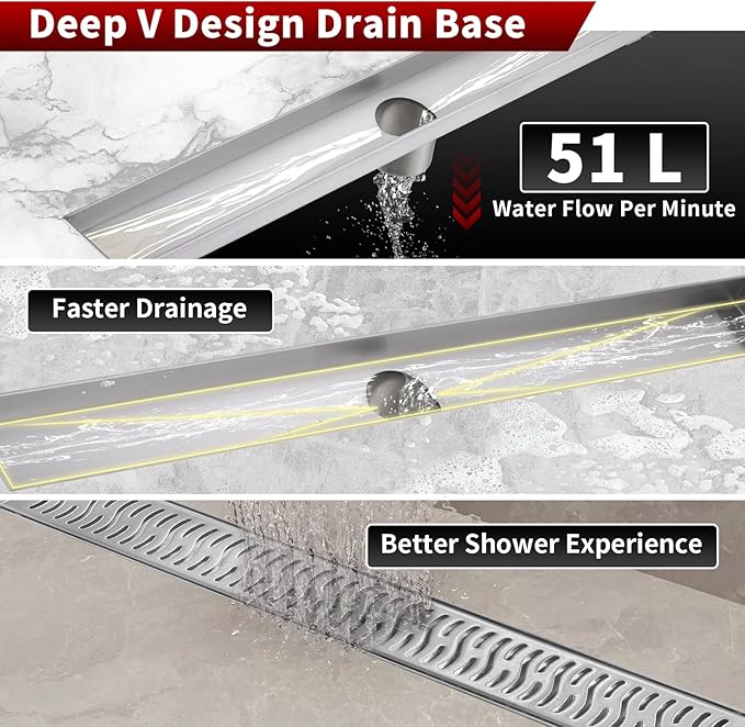 Sharp-tec Linear Shower Drain, 36 inch Shower Drain with Removable Pattern Cover, Brushed Nickel 304 Stainless Steel Rectangle Floor Drain, Adjustable Feet and Hair Strainer Included