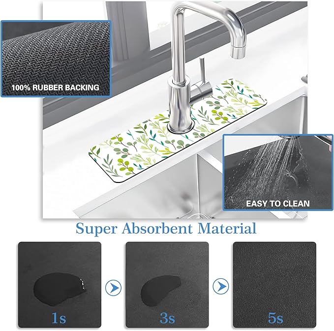 Faucet Mat for Kitchen Sink Color Art Leaves Grass, Soft Diatom Mud Material, Strong Water Absorption, Non-slip, Easy to Clean for Bathroom, Kitchen 15"X5.5"