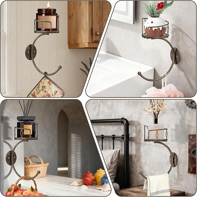 Antique Bronze Hand Towel Holder for Bathroom Wall, Metal Sturdy Wall-Mounted Towel Hook with Rustic Candle Holder, Rustproof Hand Towel Ring/Racks/Hanger for Farmhouse, Kitchen and Bedroom Decor