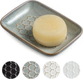 Gomakren Soap Dish for Shower, Ceramic Bar Soap Holder with Honeycomb Design - Soap Saver Tray for Bathroom Kitchen Sink, Sponge & Organizer Tray, Upscale Look, 5.5 Inch, Gray