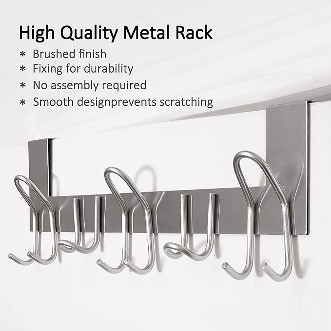 SKOLOO Over The Door Hooks - for Doors up to 1-3/4'' Thickness, Metal Door Hanger with 11 Hooks, Over The Door Hanger for Coats, Hats,Towels, Silver