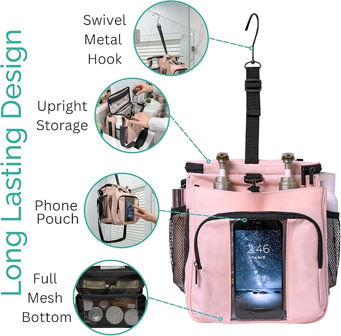 XL Portable Shower Caddy Bag for Girls with Extra Storage, Durable Mesh Bottom, Shoulder Strap, Keychain Holder Shower Caddy Case for College Dorms - Travel Vacation Essentials (Blush Pink)
