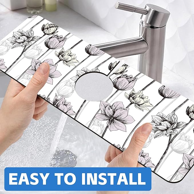 Water Lily Flower Kitchen Sink Splash Guard Mat Absorbent Fast Drying Mat Faucet Draining Mat Sink Splash Guard Behind Faucet Drip Catcher for Kitchen Bathroom 5.5"×15"