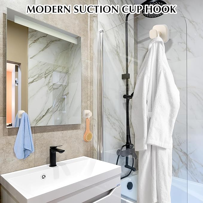Suction Cup Hooks for Shower - Reusable No-Drill Mounting - Hooks for Towels, Robes & Loofah on Metal, Glass, Mirrors, Tile & Smooth Non-Porous Surfaces (2, Milk White)