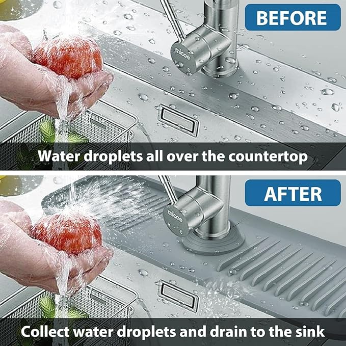 Silicone Sink Splash Guard for Kitchen & Bathroom, 17.7 inch Faucet Mat with 5° Slope & Cuttable Hole, Fast Draining Drip Catcher Tray, Dish Soap Sponge Holder, Drying Mat for Counter Top