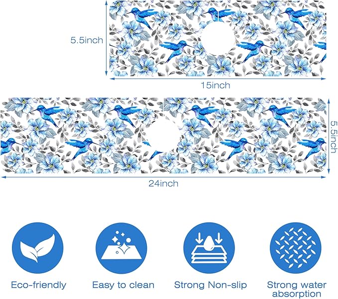 Blue Floral and Hummingbird Dish Drying Mat for Kitchen Sink Splash Guard Behind Faucet Sink Mat Absorbent Fast Drying Faucet Draining Mat for Bathroom Kitchen 5.5"×15"