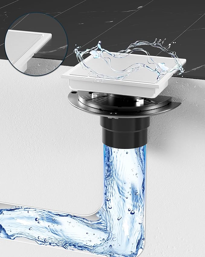 6 Inch Square Shower Drain with Flange Reversible 2-in-1 Cover Tile Insert Grate SUS 304 Stainless Steel, Hair Catcher, Anti-Clog, Rust-Resistant, Fast Drainage (Brushed)