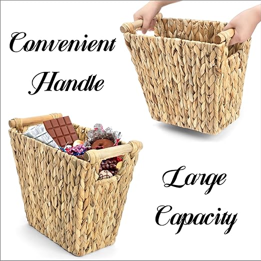 Woven Waste Basket, Water Hyacinth Trash Can with Wooden Handles, Boho Handwoven Storage Container, Rustic Bathroom Garbage Bin, Decorative Magazine Holder for Home, Bedroom, Laundry, Office