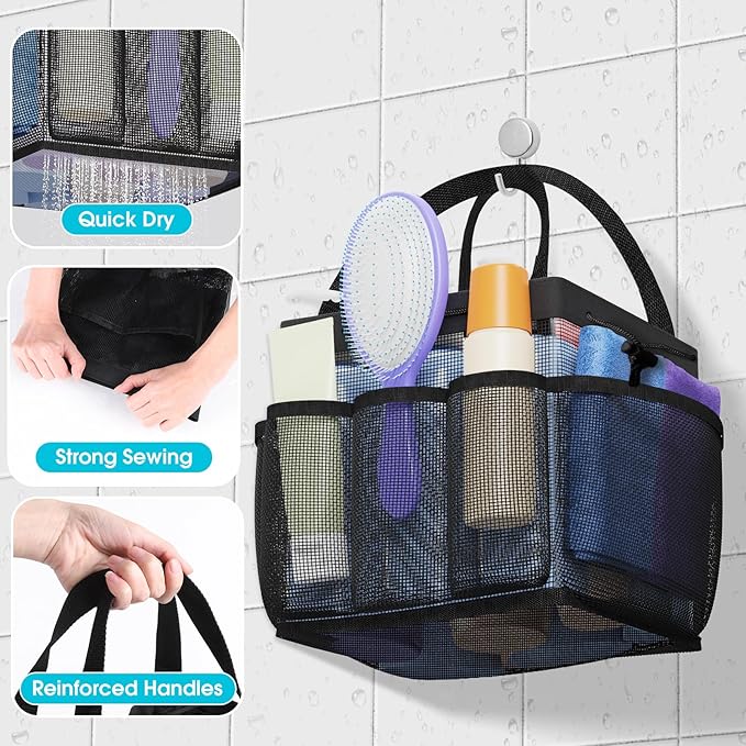Large Mesh Shower Caddy Portable with Drawstring, 1 Main Compartment+ 7 Pockets, College Dorm Room Essentials for Girls, Shower Organizer Hanging Bag for Beach, Swim, Gym, Travel(Black)