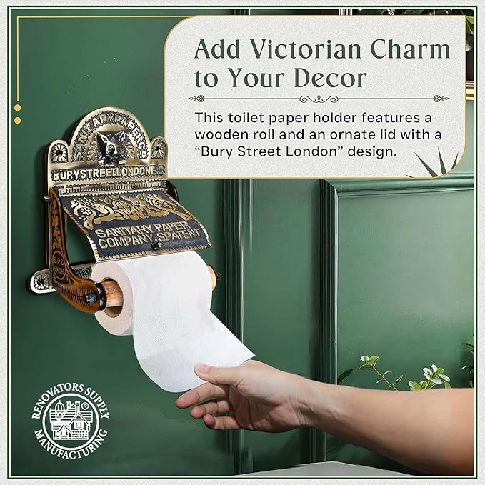 Renovators Supply Manufacturing Antique Brass Wall Mount Toilet Tissue Paper Holder 6.9" Wide Victorian Style Rust Resistant Solid Brass Bathroom Toilet Sanitary Paper Roll Holder Storage with Lid