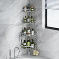 LAMU Corner Shower Caddy Tension Pole, Stainless Steel Shower Organizer, Strong Spring, 5 Adhesive Pads, 2.4" Non-Slip Grid Base, Adjustable 4-Tier Basket, 4 Hooks, Fits Heights 37.8-124", Silver