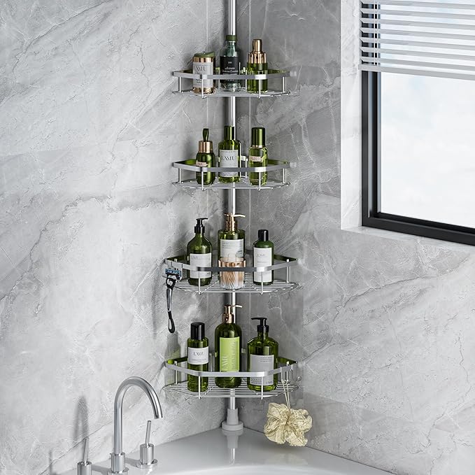 LAMU Corner Shower Caddy Tension Pole, Stainless Steel Shower Organizer, Strong Spring, 5 Adhesive Pads, 2.4" Non-Slip Grid Base, Adjustable 4-Tier Basket, 4 Hooks, Fits Heights 37.8-124", Silver