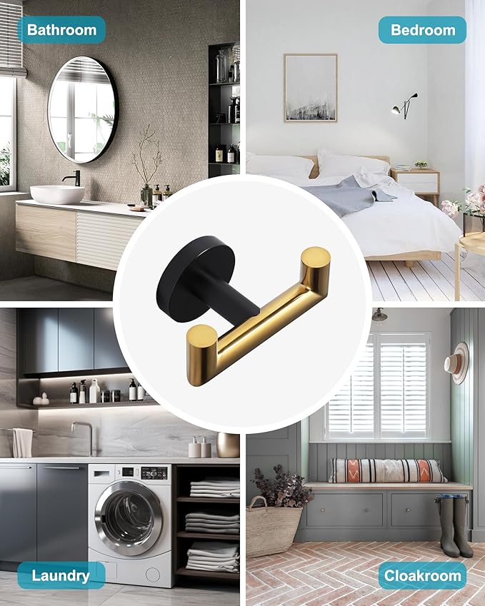 ALEASHA Shower Towel Hook Black Gold, Stainless Steel Towel Hanger, Heavy Duty Double Towel Hook, Towel Holder for Bathroom, Wall Mount Robe Hook