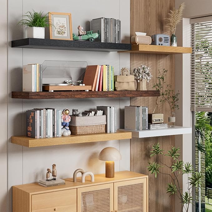 Heimlove 48W x 12D Long Floating Shelf, 12 Inch Deep Floating Shelves for Wall Set of 2, Wood Shelves for Bedroom Living Room Bathroom Kitchen Home Office, Wall Shelves with Heavy Duty Bracket, Oak