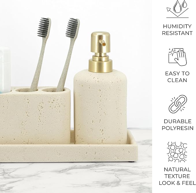 ZCCZ -Beige Bathroom Accessories Set 4 Pcs - Toothbrush Holder, Soap Dispenser, Vanity Tray, Bathroom Tumbler - Countertop Vanity Organizer - Bathroom Accessory Set- Toothbrush Holder Set, Stone Sets