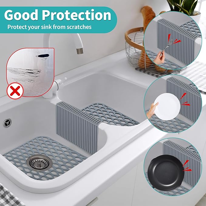 3 Pack Sink Mat and Sink Saddle Set, Sink Protectors for Kitchen Sink, Non Slip Silicone Sink Mat Dishwasher Safe, Protect Double Sink from Stains, Damage, Scratches (Cuttable)