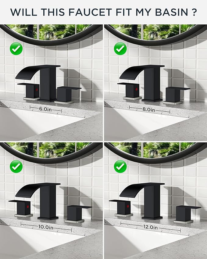 FORIOUS Black and Brushed Nickel Bathroom Faucets 3 Hole, Waterfall Square 8 Inch Widespread Bathroom Sink Faucet with Metal Pop-up Drain and Supply Lines, Two Handles for Vanity, RV, Farmhouse