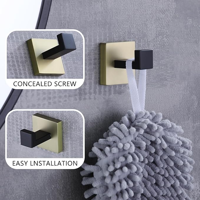 LANC 3-Pack Towel Hooks for Bathroom Wall Hooks, Black and Gold Robe Hooks, Square Robe Hook,Coat Hooks for Bathroom Kitchen Heavy Duty Hand Towel Hanger, SUS304 Stainless Steel,A8805GK-P3