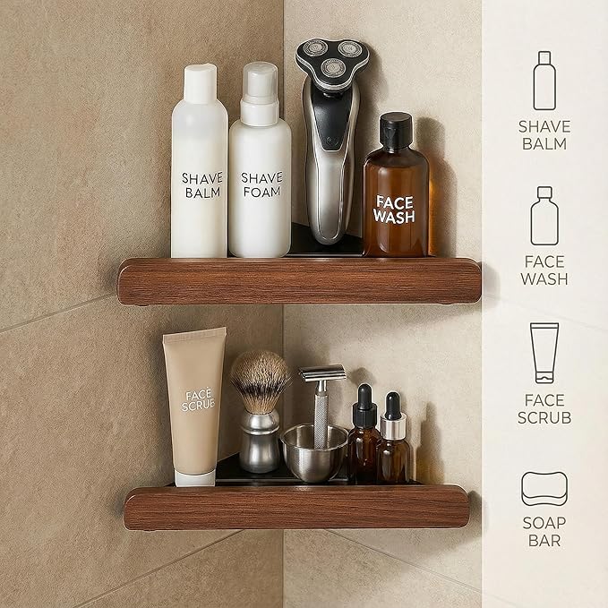 2-Tier Corner Shower Shelf, Walnut Wood Shower Caddy for Bathroom, Waterproof Wall Mounted Corner Organizer for Shampoo & Toiletries, No-Drill Triangle Corner Storage Rack With Glue Accessories