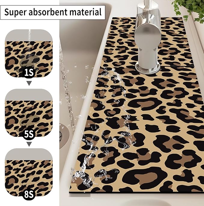 Absorbent Splash Guard Mat for Kitchen Sink, 15×5.5 Inch Cute Fast Drying Drip Catcher Behind Faucet Mat, Non-Slip, Washable Sink Mat Gadgets for Bathroom, Kitchen, Bar Brown Leopard