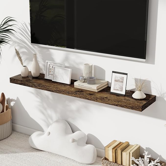 Fun Memories 48 Inch Floating Shelves for Wall 8 Inch Deep Rustic Brown Shelves Set of 2, Wall Mounted Rustic Wood Long Floating Shelf, Large Display & Storage Shelf with Invisible Brackets
