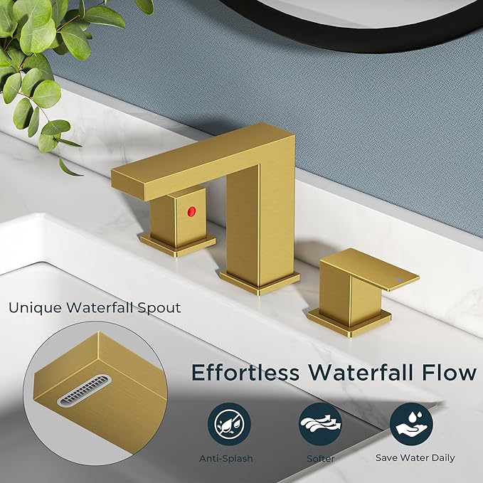 FORIOUS Brushed Gold Bathroom Faucet 3 Hole, 8 Inch Widespread Waterfall Bathroom Sink Faucet Gold with Metal Pop-Up Drain and cUPC Supply Lines Included for Restroom, Lavatory, Vanity Sink