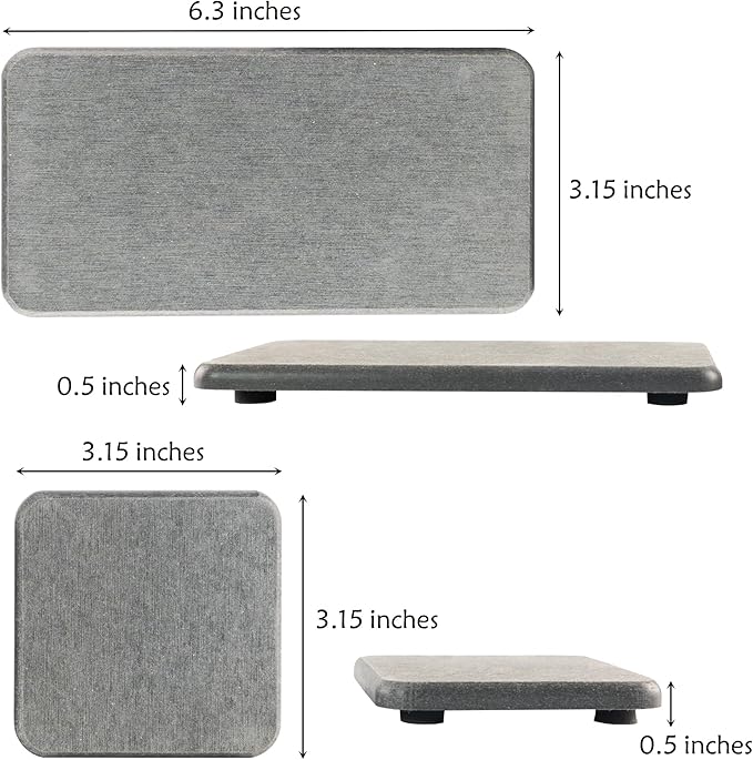 Water Absorbent Stone Tray for Sink, Quick-Drying Diatomite Soap Dish, Modern Home Kitchen & Bathroom, 2pcs 3.15 x 3.15in + 2pcs 6.3 x 3.15in, Grey