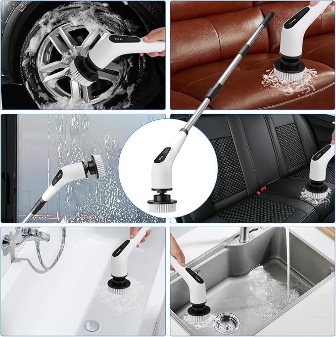 Electric Cordless Spin Scrubber – 2-Speed High-Efficiency Adjustable Portable Cleaning Brush for Home, 8 Replaceable Brush Heads for 360° Powerful Cleaning in Bathroom, Kitchen, Car(Pure White)