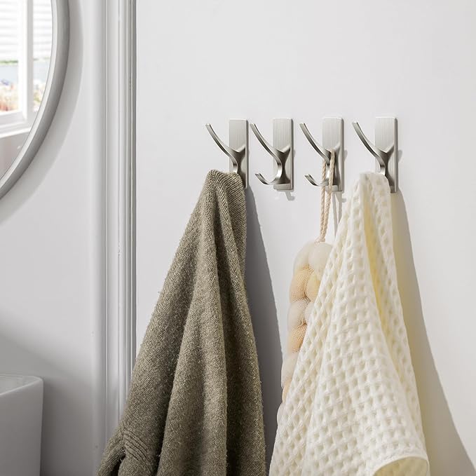 10 Pack Self Adhesive Towel Hooks: Extra Strong 13LB, Stainless Hook for Hanging Loofah, Towels, Coat, Bath Robe Bathroom Shower, Brushed Nickel