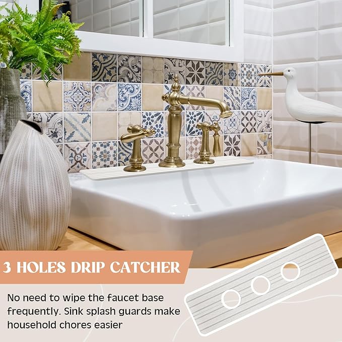 3 Hole White Faucet Mat for Kitchen Sink 16.1" x 5" Kitchen Faucet Absorbent Mat Diatomite Splash Guard for Sink Quick Drying Stone Drip Catcher for Bathroom Counter