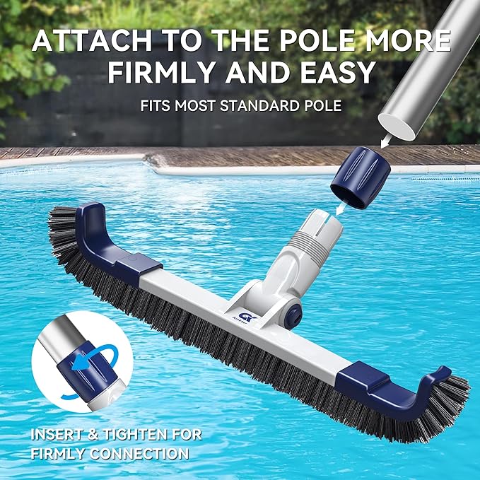 19" 2 in 1 Detachable Curved Edge Pool Brush Head for Inground/Above Ground Pool, Adjustable 180° Handle Rotation, ASA Material Pool Brush for Cleaning Pool Walls, Waterline Tiles & Floors