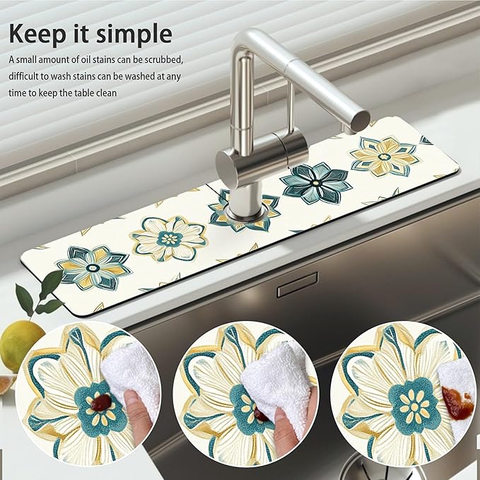 Bimkole 2 PCS Faucet Absorbent Mat, Kitchen Faucet Sink Splash Guard Wraparound Cloth Pads Drip Catcher for Sink Faucet for Kitchen Bathroom Faucet, Colorful Faucet Mat, 15 x 4 Inch Flower A2
