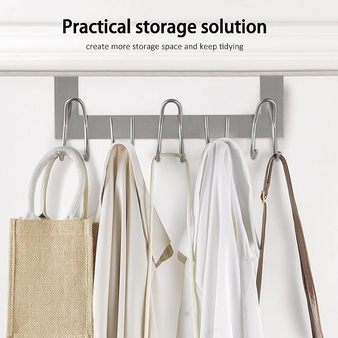 SKOLOO Over The Door Hooks - for Doors up to 1-3/4'' Thickness, Pack of 2, Metal Door Hanger with 11 Hooks, Over The Door Hanger for Coats, Hats, Towels, Silver
