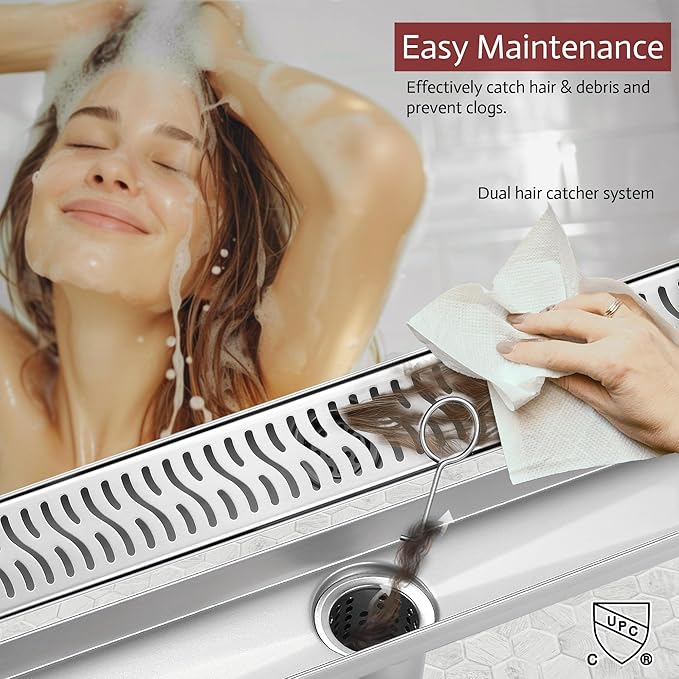 36 Inch Linear Shower Drain, Brushed Nickel Shower Drain, Removable Grate, 304 Stainless Steel, Easy to Install and Clean for Bathrooms (Drain Base Not Included), LSD-51A-36S