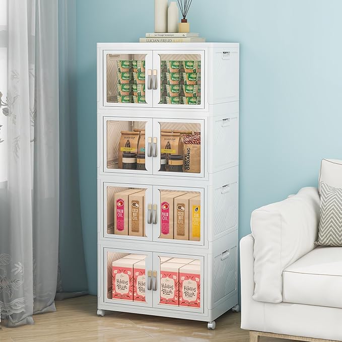 Large Clear Stackable Storage Bins with Lids, 180QT-45QT*4Tier Foldable Cabinet for Closet Organizers, Plastic Storage Box with Wheels White