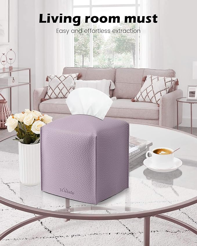 Tissue Box Cover for PU Leather, Modern Simple Solid Color Holder Square Tissue Bag, Ideal for Bathrooms,Office,Car,Nightstand,Outdoor Tent,Dining Table,5"X5"X5", Single Purple