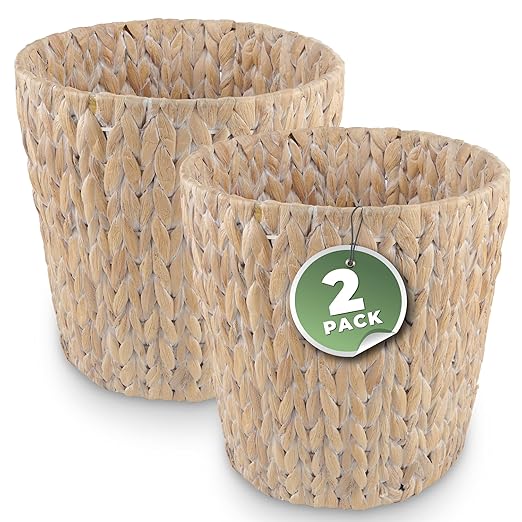 2-Pack Wicker Trash Can for Bathroom - Wicker Waste Basket for Bedroom, Office - Rattan Trash Can - Decorative Waste Basket (White, 3 Gallons)