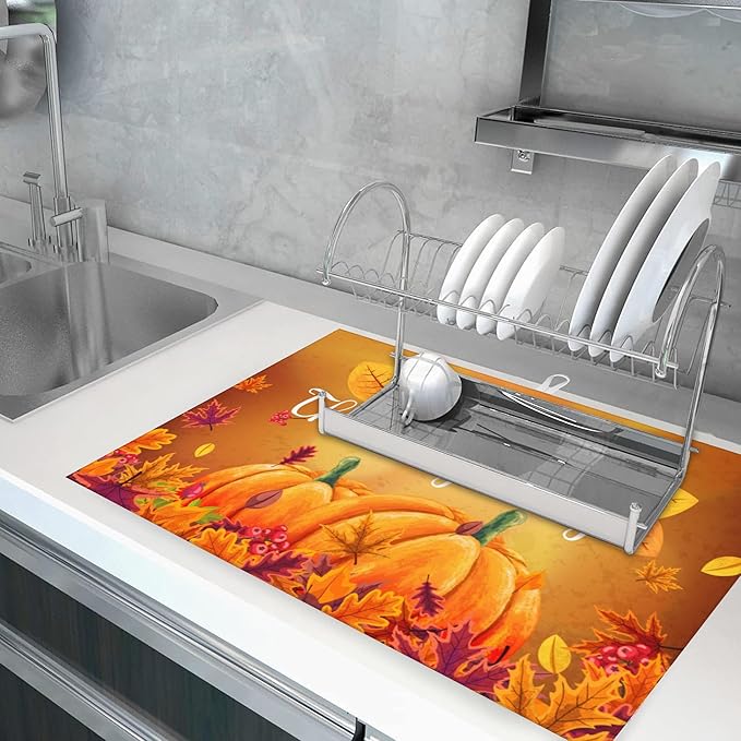 Large Dish Drying Mat for Kitchen Count,Happy Thanksgiving Dish Drying Mat,Fall Pumpkins Maple Leaves Harvest Dish Drainer Mat Drying Pad,Super Absorbent Reversible Microfiber 18"X24"