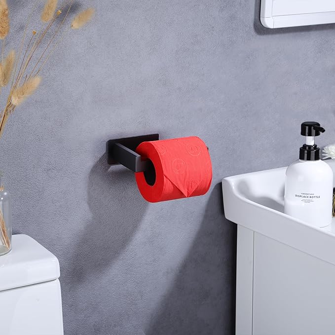 LANC Self-Adhesive Toilet Paper Holder, Matte Black Toilet Tissue Holder Wall Mounted for Bathroom Kitchen, Stick On Paper Roll Holder with No Drilling Rustproof Stainless Steel, A8307MB