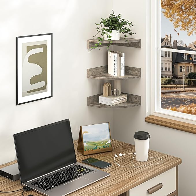 Fun Memories Corner Shelf Wall Mount, Wood Floating Corner Shelves,Corner Wall Shelf for Bedroom, Bathroom, Kitchen, Living Room (Grey, 3 Pack)