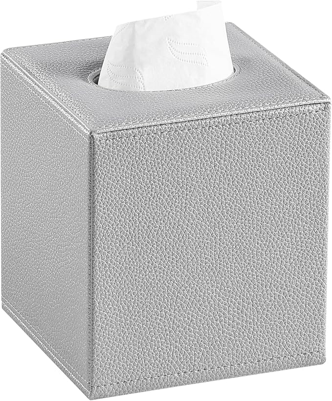 PU Leather Tissue Box Cover Square Tissue Box Holder with Magnetic Closure, Decorative Tissue Holder for Bathroom Bedroom Office (Silver)