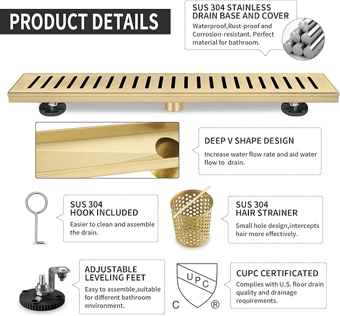 Linear Shower Drain 36 inch, Floor Drain with Removable Pattern Grate, 304 Stainless Steel Rectangular Linear Drain with Hair Strainer, CUPC Certified, Brushed Gold, SD-104