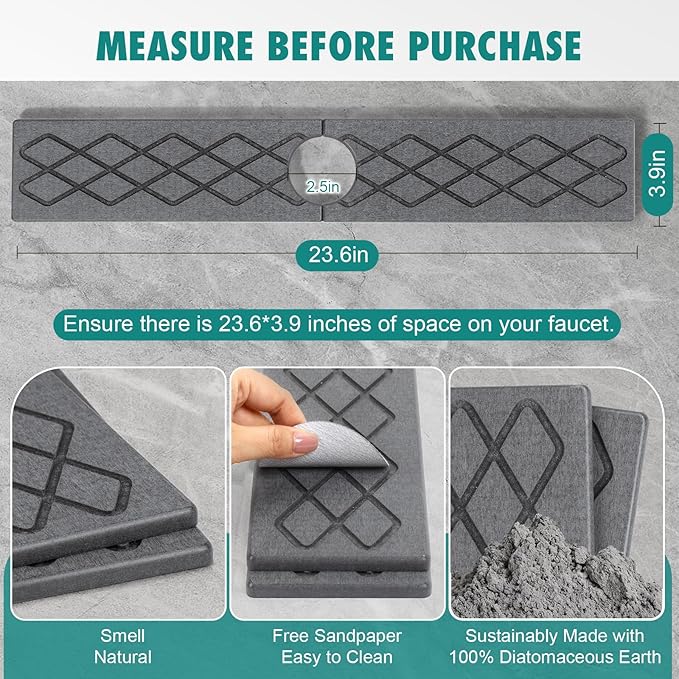 23.6 Inch Stone Faucet Mat for Kitchen Sink, Diatomite Absorbent Fast Drying Stone Sink Tray, Faucet Splash Guard Prevents Moisture for Kitchen Bathroom Countertop