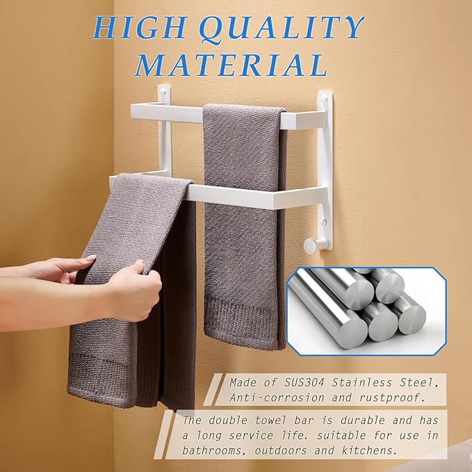 16 Inch Double Towel Bar for Bathroom with Hooks SUS 304 Stainless Steel Bath Towel Rack Wall Mounted White Finished