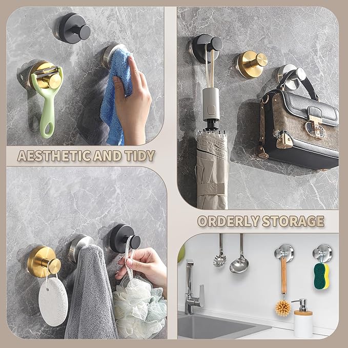 Suction Cup Hooks for Wreaths on Glass. 2026 Upgraded Drill-Free Suction Cup Hooks for Shower, Mirror, Wall, Hanging Towels (Gold, 2 Pieces)